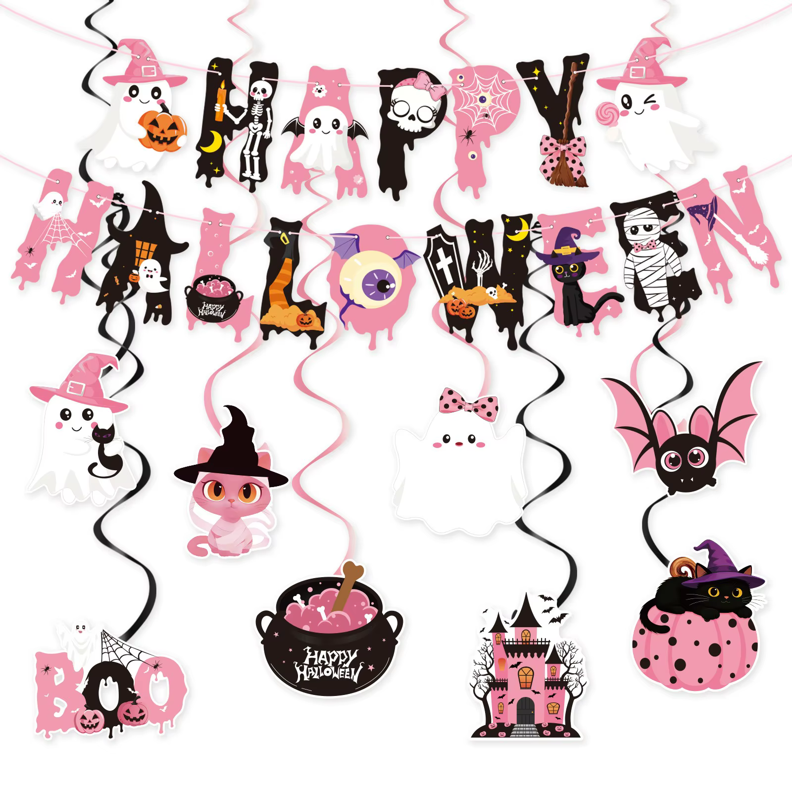 Joyeux Halloween : Décoration de maison sur le thème rose d'Halloween, arrangement de pendentifs spirale fantôme et sorcière, décoration d'Halloween et de Noël