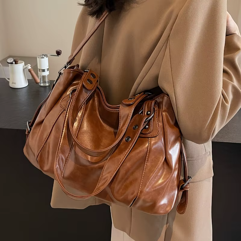 Sac à main en cuir vintage de grande capacité avec fermeture à glissière, fourre-tout à bandoulière, polyvalent à la mode, adapté au déplacement