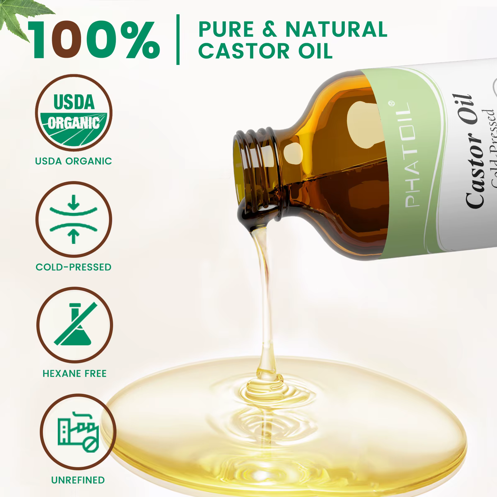 PHATOIL Huile de ricin biologique pressée à froid 118 ml/236 ml 100% naturelle Huiles
