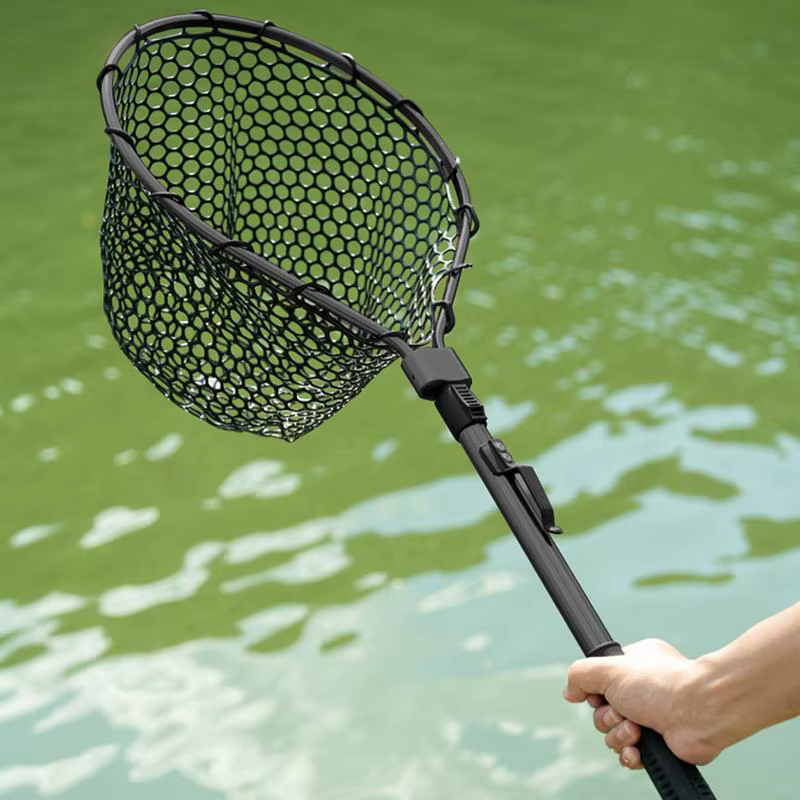 Filet de pêche avec poignée, filet d'atterrissage télescopique Portable en maille de Silicone pliable, filet à main pour poisson, accessoire d'équipement de pêche