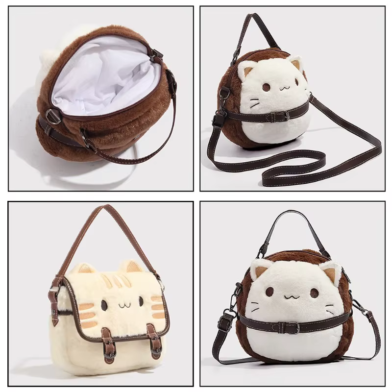 Sac à main chat en peluche mignon, sac à dos fait à la main avec Animal en peluche, sac à bandoulière de grande capacité