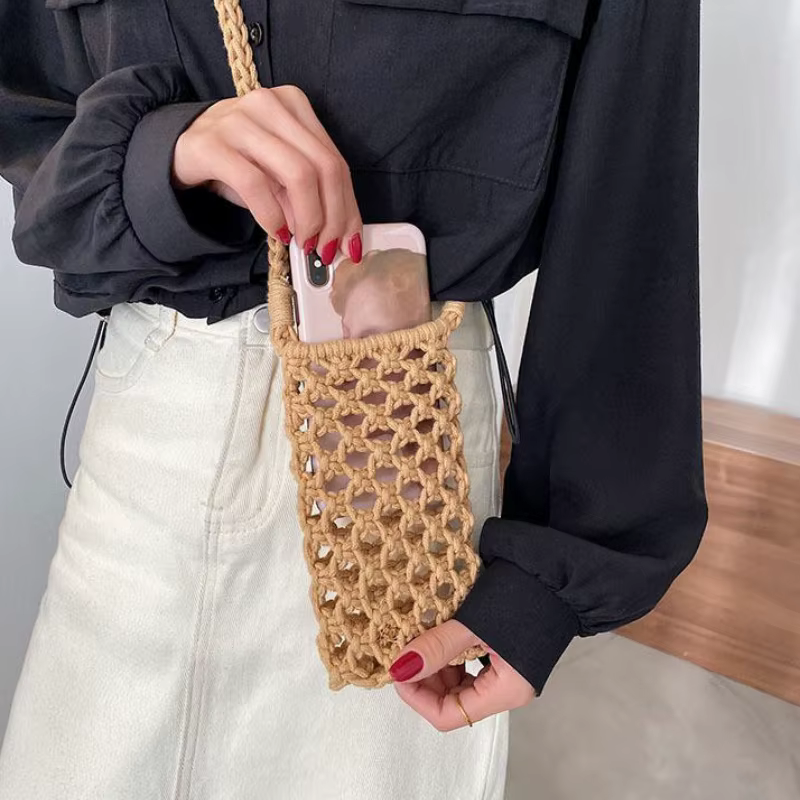 Sac bandoulière léger en crochet tressé ajouré de couleur unie pour femme, petit sac à main pour téléphone portable