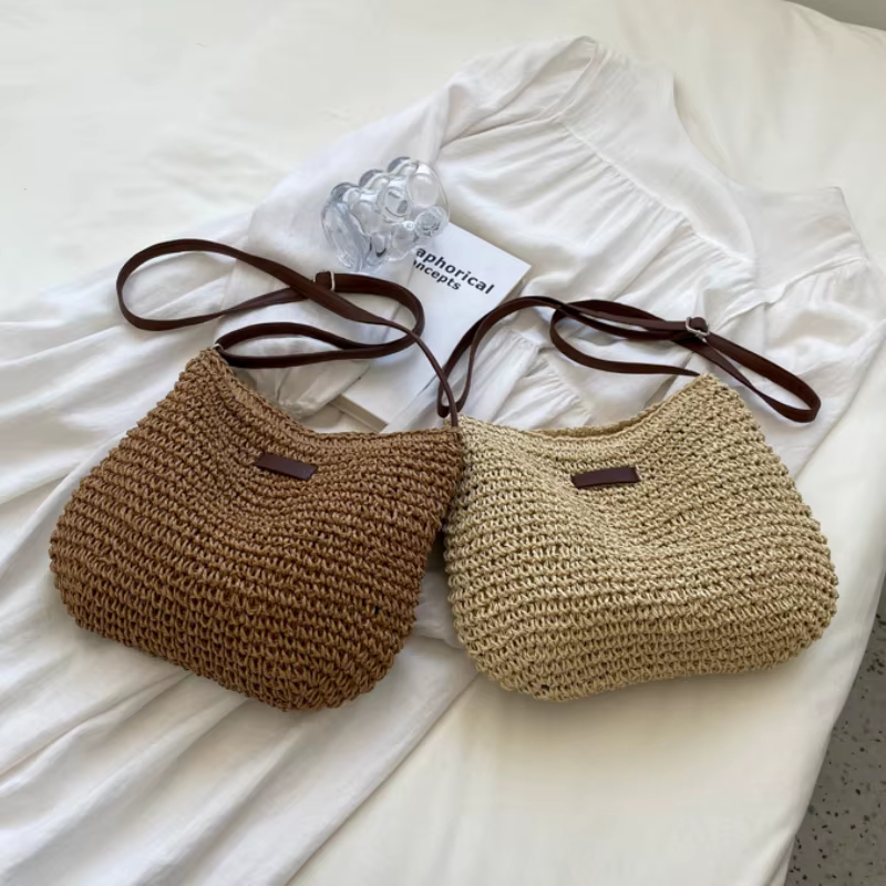Sacs à main et sacs à main tricotés en paille pour femmes, sac à bandoulière tissé en paille, sac latéral pour dames, sac de plage, sacs à bandoulière pour femmes
