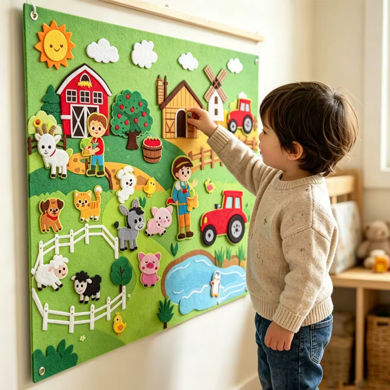 Ensemble de planches d'histoire en feutre d'animaux de ferme, Kit de jeu interactif d'apprentissage précoce, Puzzle mural suspendu, jouets regalos de tout-petits