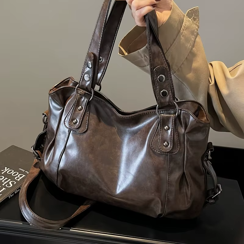 Sac à main en cuir vintage de grande capacité avec fermeture à glissière, fourre-tout à bandoulière, polyvalent à la mode, adapté au déplacement