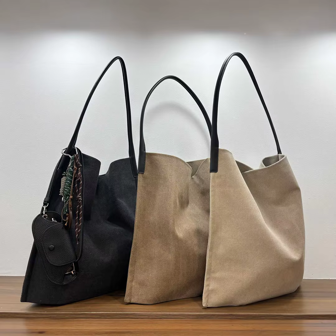 Sac Fourre-tout en Toile pour Femme avec Poignées en Cuir Véritable Grande Capacité Sac à Épaule Style Minimaliste Style Japonais et Coréen Décontracté Pour Usage Quotidien Pour le Travail Pour l'Écol