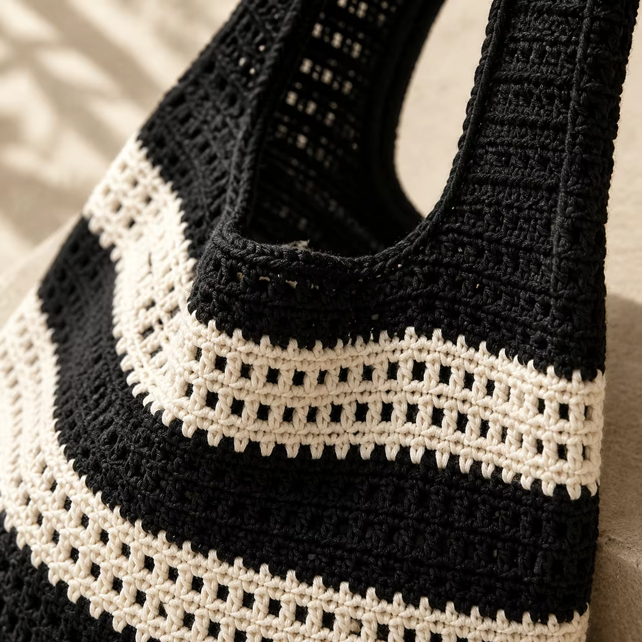 Sac à main en crochet pour femme, style rétro, fait main, rayé, décoratif, à bandoulière, grande capacité