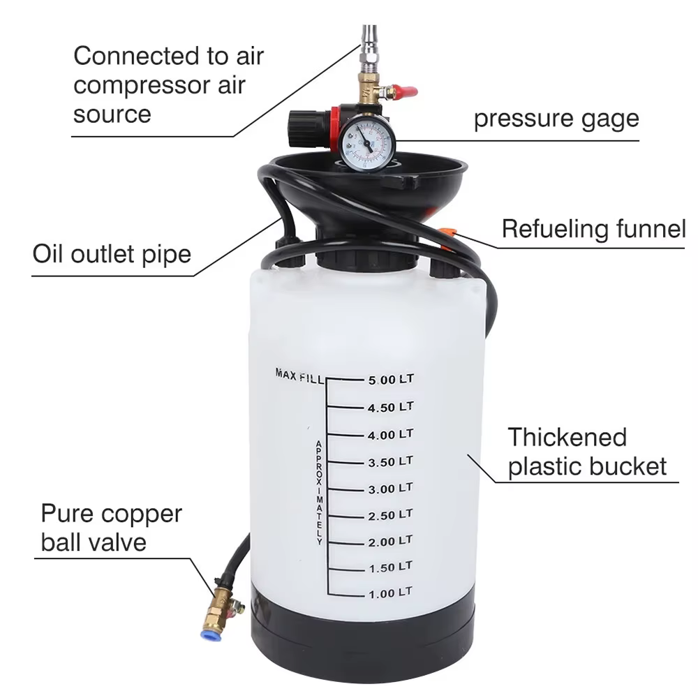 Remplissage d'huile de Transmission pneumatique 5L, injecteur d'huile d'engrenage moteur 5L, extracteur de réservoir de remplissage d'huile, outils de remplacement de liquide de Transmission