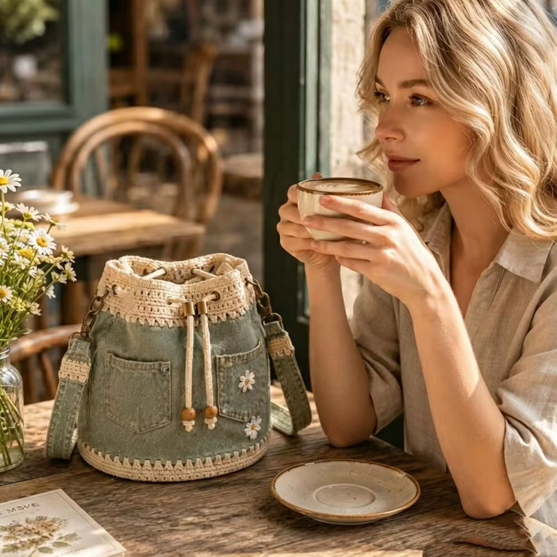 Sac seau en jean au crochet, sac fourre-tout à fleurs au crochet fait main, sac bandoulière à cordon, sac à main tricoté à motifs floraux, sac à bandoulière pour femme pour les vacances