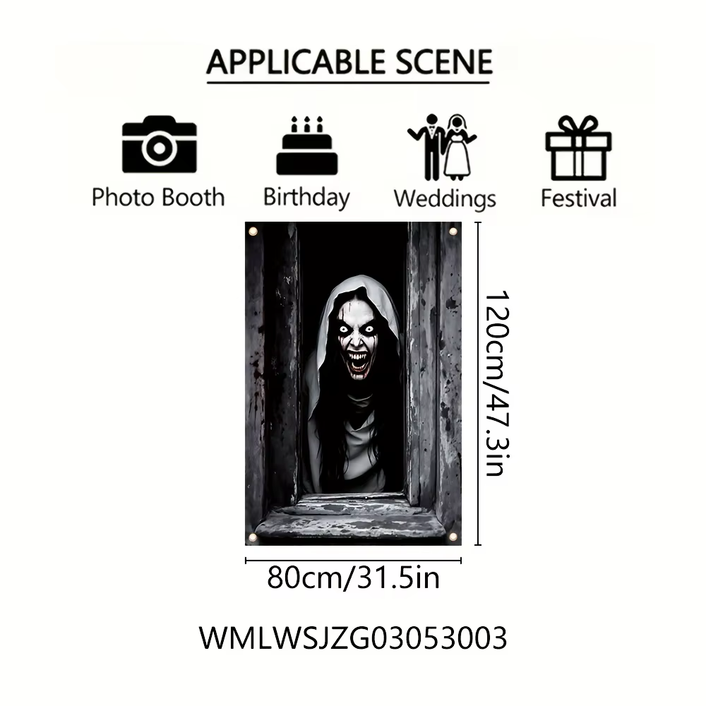 Une seule rideau de Halloween - avec un design terrifiant d'un visage féminin fantomatique, sur le thème de l'horreur et à thème saisonnier.