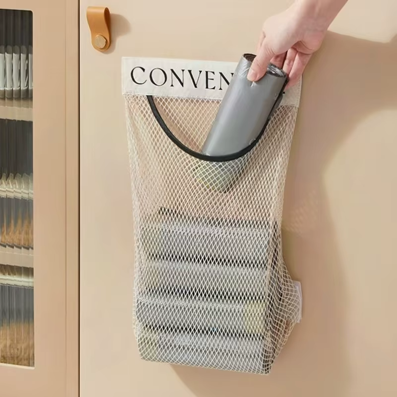 Sac de rangement mural en maille, support de sac poubelle, distributeur de sacs de courses en plastique, sac d'articles divers, filet de rangement, organisateur de sacs d'épicerie