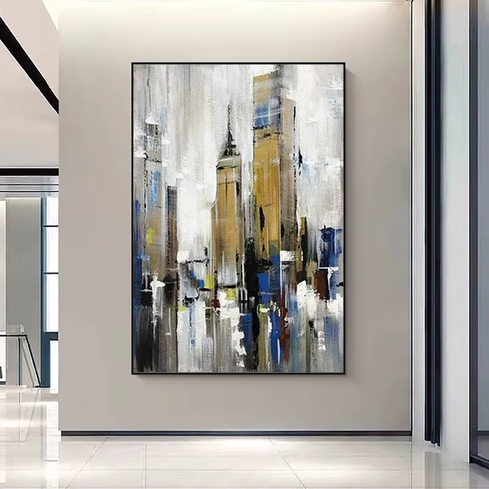 Peinture à l'huile abstraite de bâtiment sur toile, art mural peint à la main, peinture de paysage pour le décor de salon, peinture murale 3D de Bergame