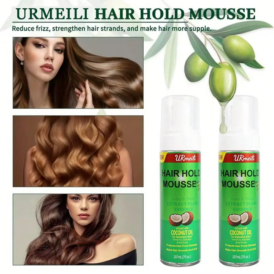 Mousse pour cheveux bouclés (207ml) pour perruques, huile d'olive à forte tenue, Mousse coiffante Anti-frisottis pour coiffer les cheveux des femmes
