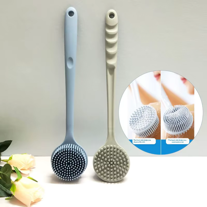 Brosse de douche exfoliante en silicone souple avec poignée pour le dos