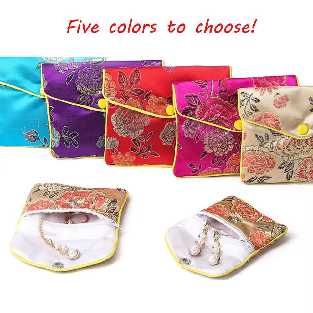Sac à bijoux en brocart chinois brodé de soie, fait main, avec fermeture à bouton-pression, pour rangement de bijoux, colliers et portefeuilles