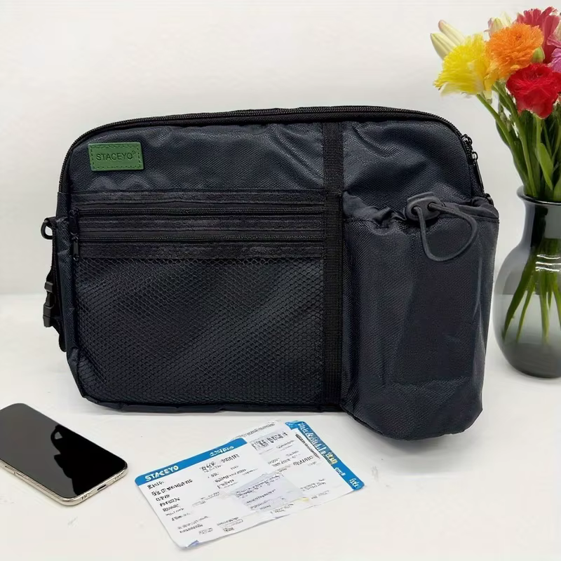 Sac de rangement suspendu pour avion noir, pochette de collation pour téléphone de voyage avec bandoulière, organisateur de siège de vol, 1 paquet