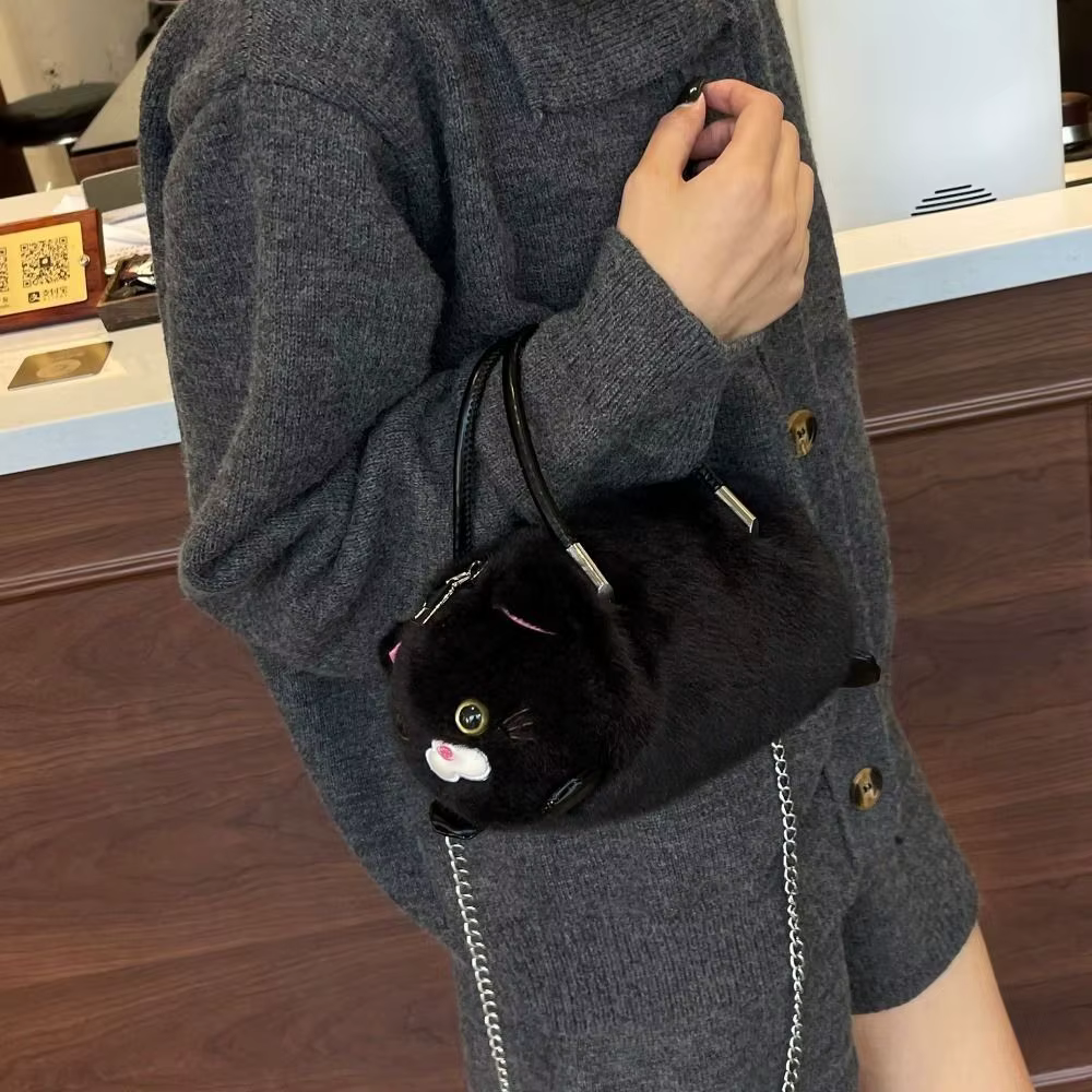 Sac à main pour femme en forme de chat, petit, mignon, décontracté, en fausse fourrure moelleuse, avec fermeture éclair, pour créateur de mode