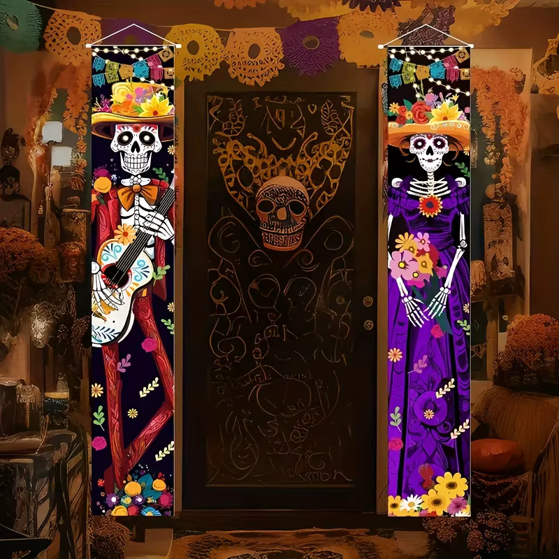 Ensemble de décorations de porte d'Halloween 2D, décoration de crâne suspendue, thème d'horreur festif, fête mexicaine du Jour des Morts