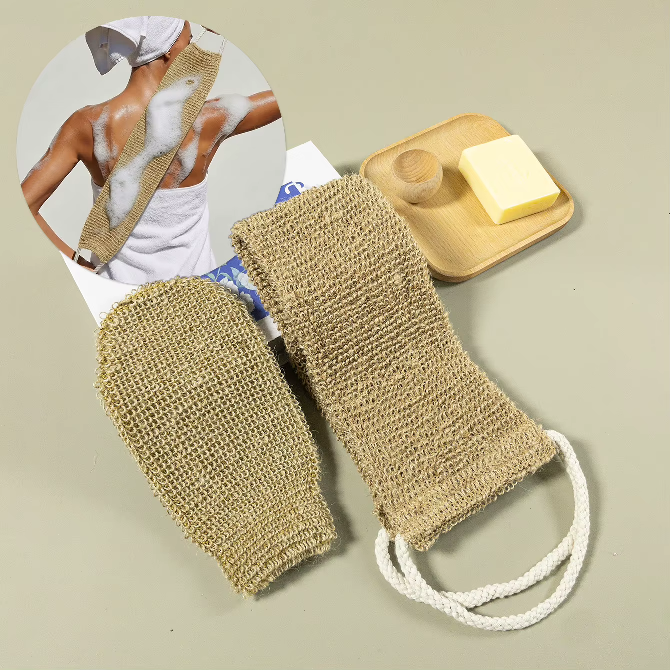 Ensemble de bain exfoliant en jute naturel avec gant