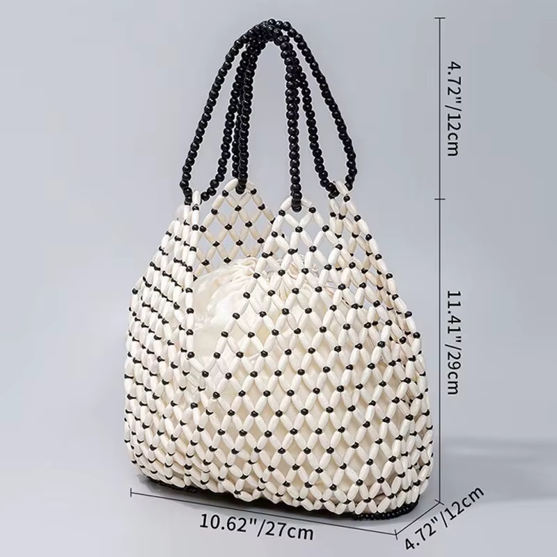 Sac à main tissé à la main avec perles pour femmes, sac à bandoulière exquis en perles de bois ajourées, sac de plage féminin