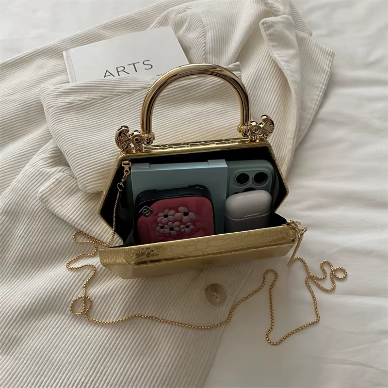 Sacs à main pour femmes 2026 – Pochettes tendance dorées géométriques mini-boîte – Sac de soirée bandoulière
