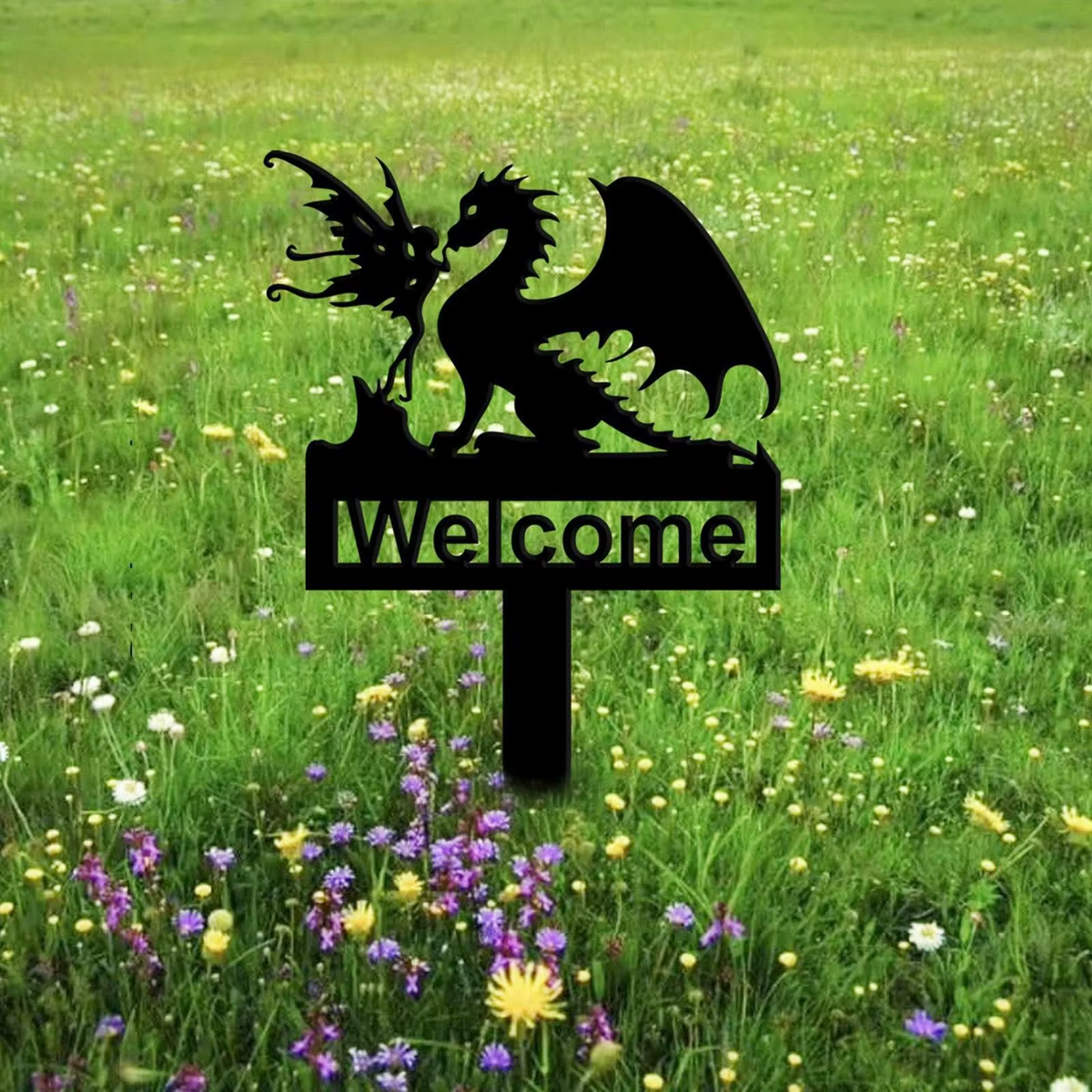 Logo de bienvenue de jardin de dinosaure d'elfe, logo de jardin de dinosaure en métal, décoration d'horticulture de pelouse