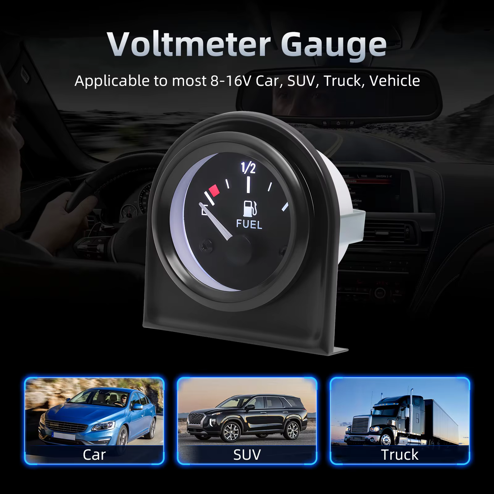 Jauge de niveau de carburant 240-33Ohm avec capteur de flotteur d'huile universel 2 "52mm jauge de carburant pointeur de lumière LED blanche pour voiture SUV camion 8 ~ 16V
