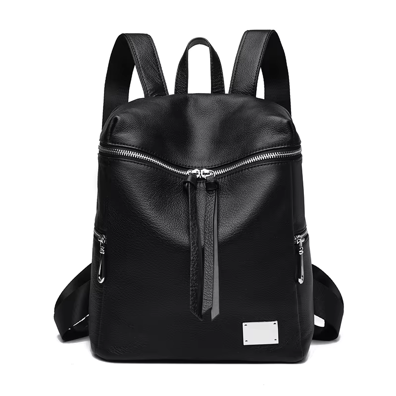 Sac à dos noir en cuir véritable, sac pour femme en cuir de vache de style simple, sac à bandoulière simple et double, sac de travail et de shopping