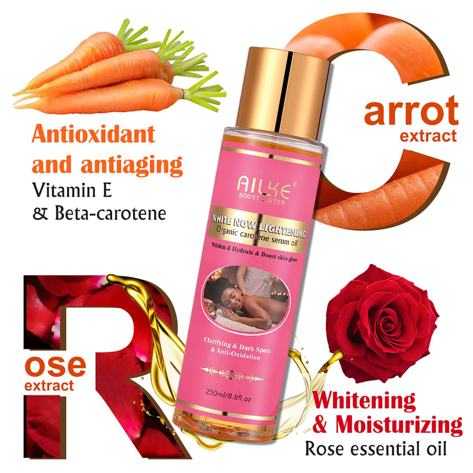 AILKE Sérum de carotène biologique huile corporelle éclaircissante