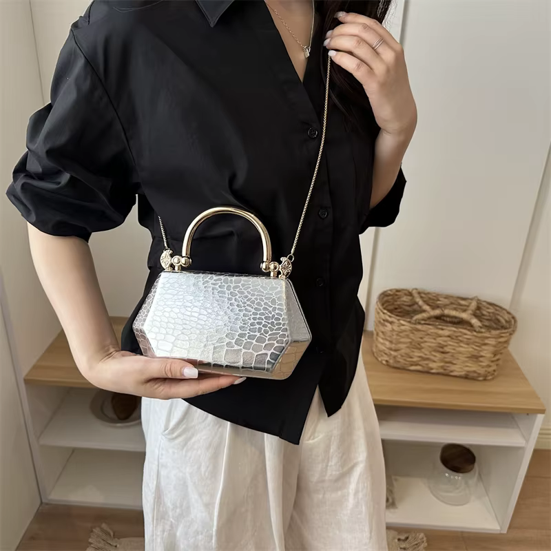 Sacs à main pour femmes 2026 – Pochettes tendance dorées géométriques mini-boîte – Sac de soirée bandoulière