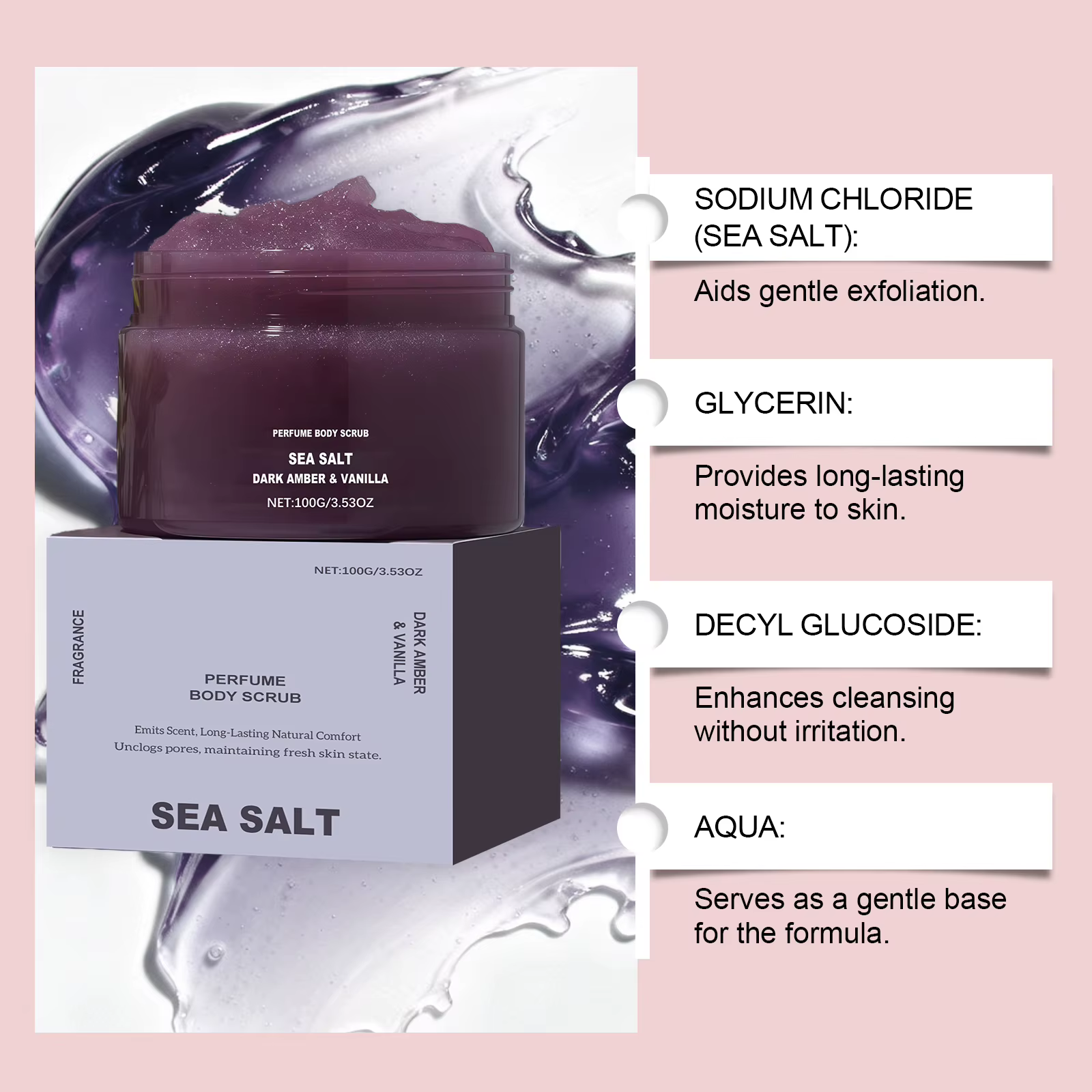 Parfum gommage corporel hydratant lissant peau exfoliant naturel sel Rose corail ambre vanille