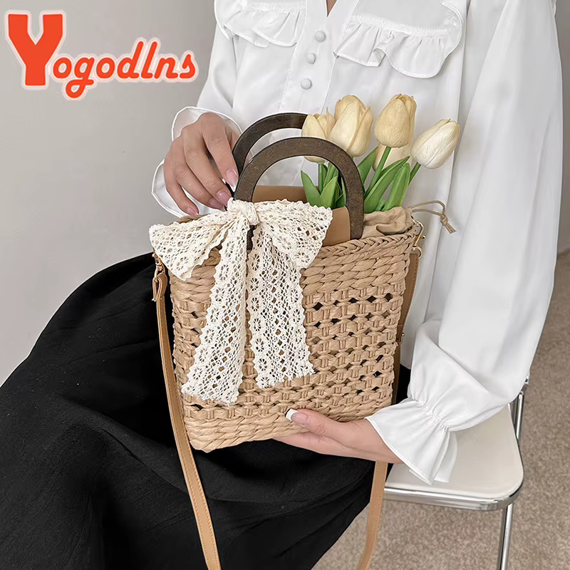 Sac à main en paille tissé à la main pour femmes, petit sac carré, forme de dentelle, nœud en rotin, capacité décontractée, plage initiée, sac à bandoulière