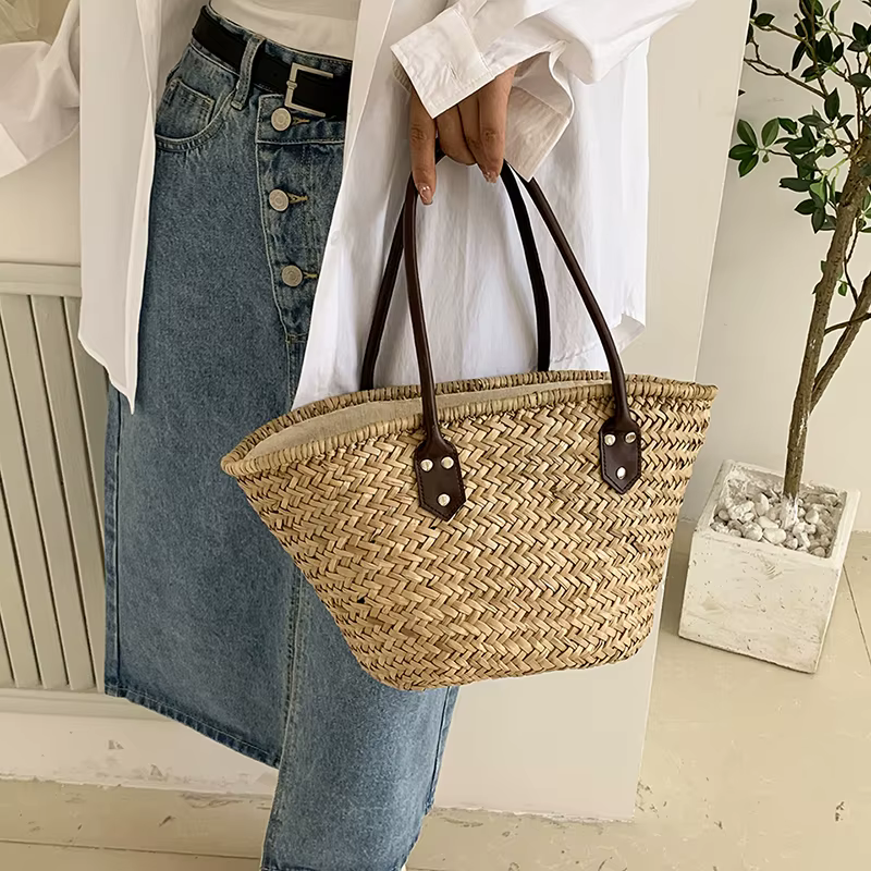 Sac à bandoulière fait à la main pour femmes, sacs à main de grande capacité, sac de plage en paille bohème d'été, panier de shopping, fourre-tout tissé