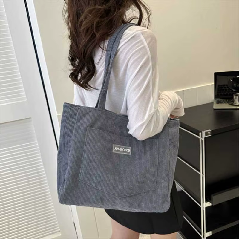 Sac à bandoulière De grande capacité sac fourre-tout en velours côtelé tendance sac à main pour dames De couleur unie avec poche avant sac à main femme Bolsas De Mujer