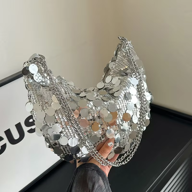 Sac à Main Demi-Lune Hobos à Paillettes pour Femme, Pochette de Soirée à la Mode