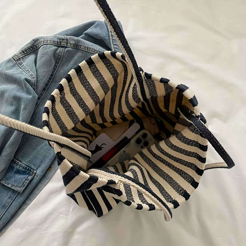Sac fourre-tout chic en toile rayée, grande capacité, polyvalent, portable, léger, sac à bandoulière pour l'école, le travail, les voyages, pour femmes