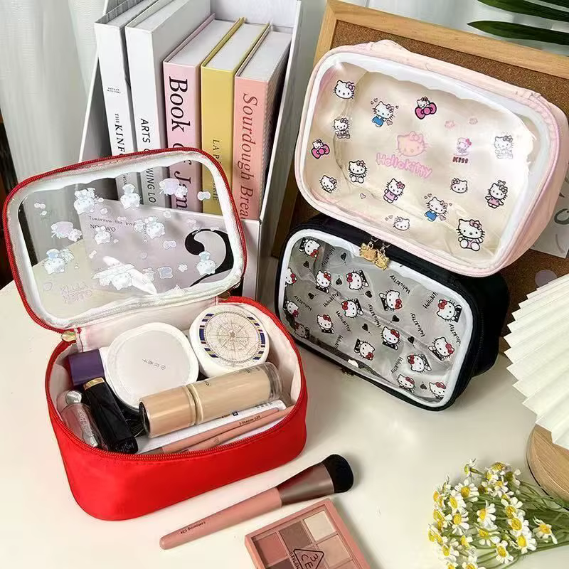 Sac à main pour femme Hello Kitty, accessoire de dessin animé, sac de rangement pour cosmétiques, matériau PVC imperméable, grande capacité