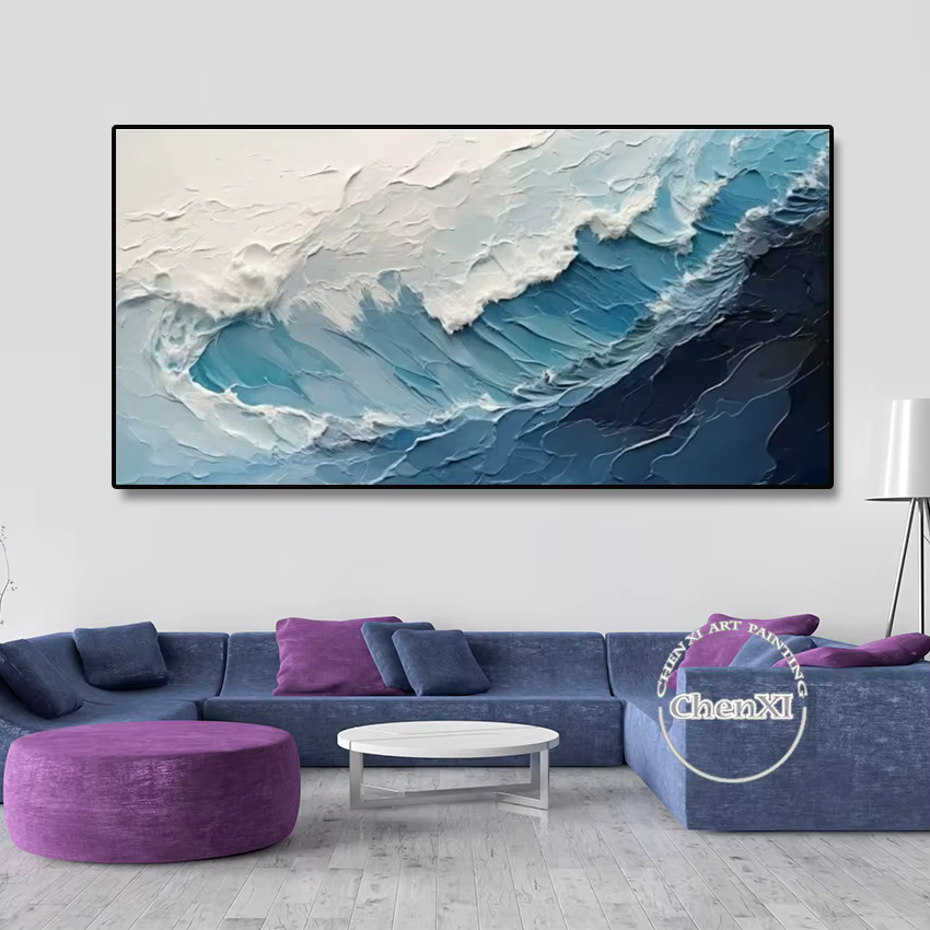 Toile murale peinture à l'huile, mer avec des vagues battantes, image d'art de chambre à coucher, décoration d'appartement, sans cadre, de haute qualité