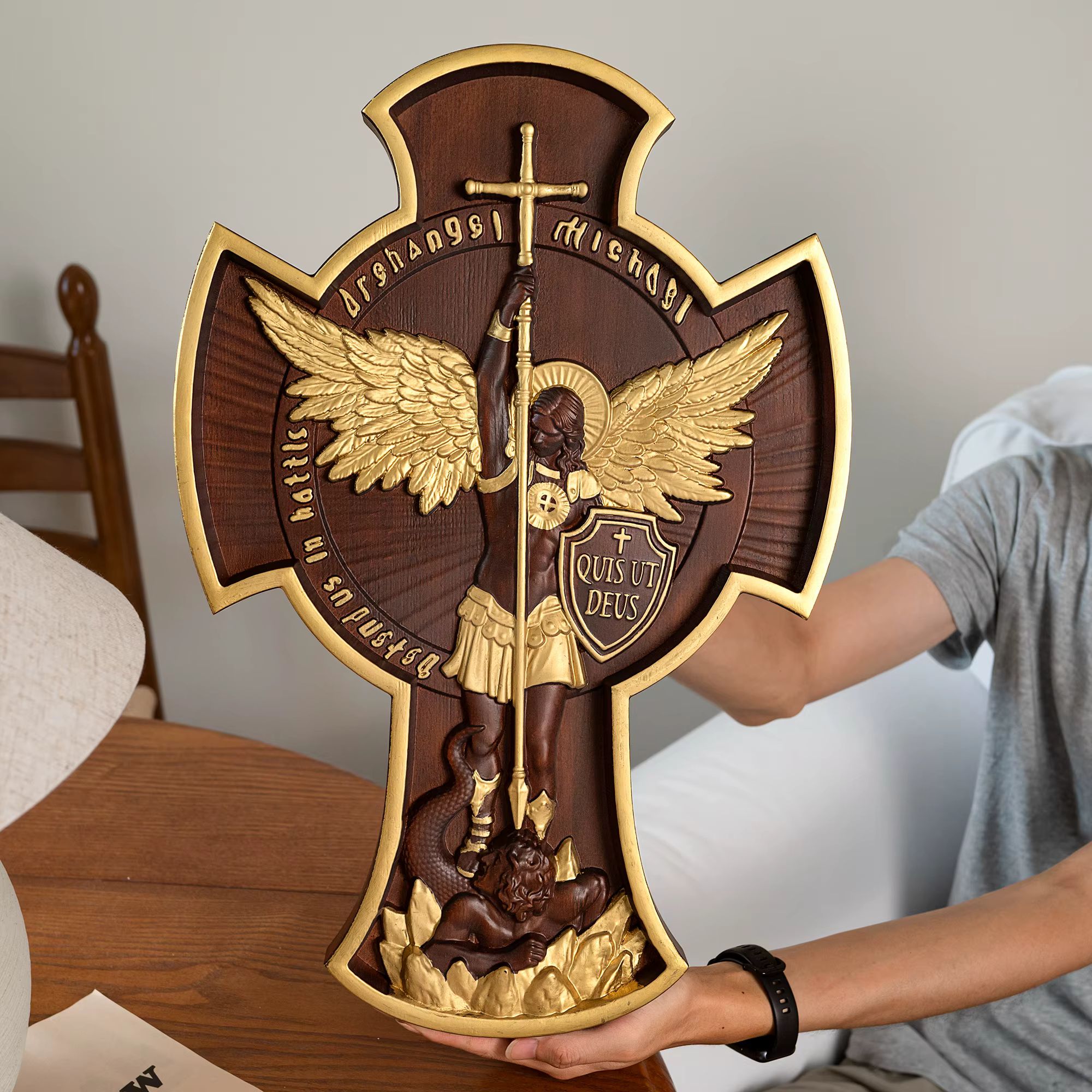Saint Michel Archange Croix Statue Saint Patron, Figure Religieuse, Décoration Murale Maison, Cadeau Chrétien En Bois