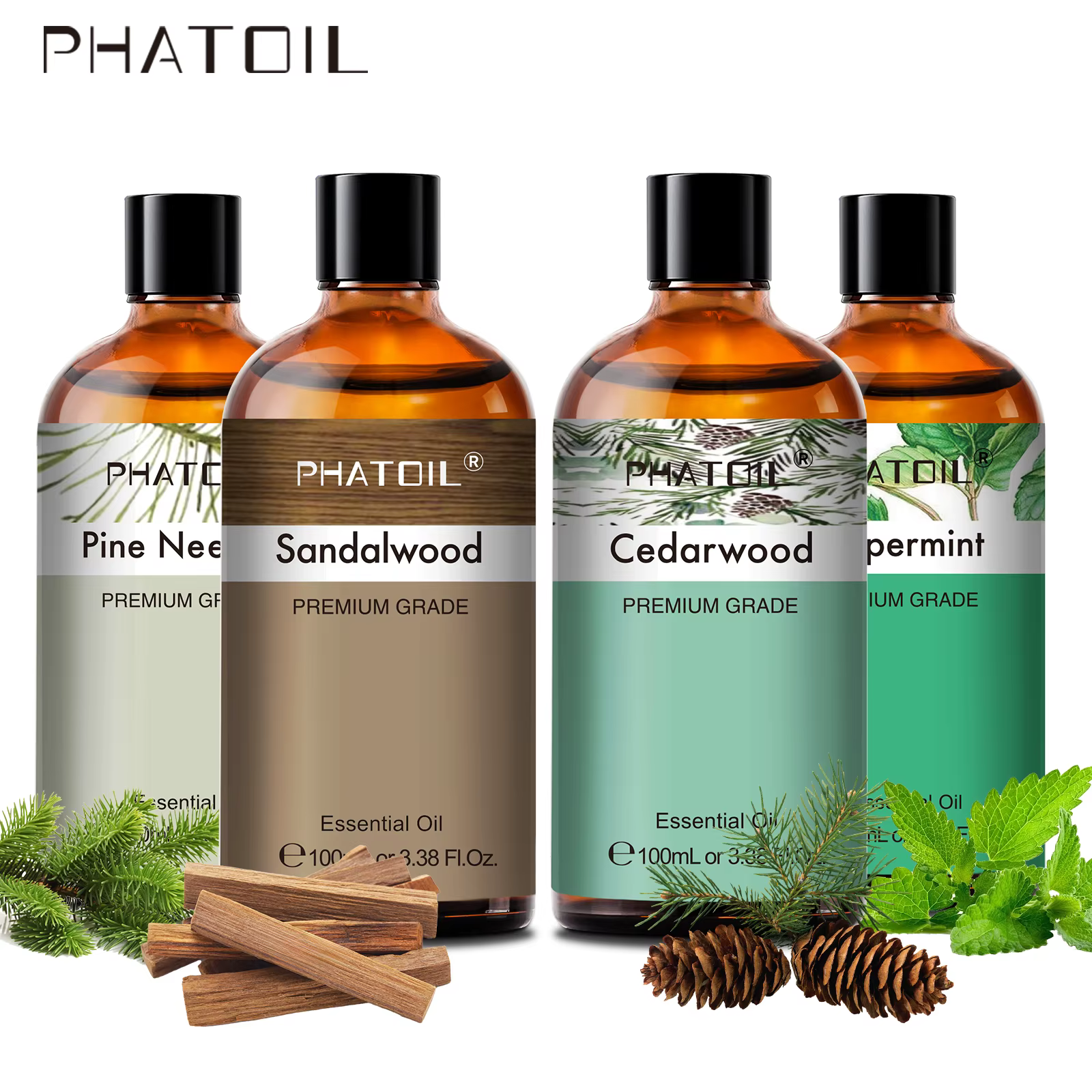 PHATOIL 100ml Huile Essentielle Premium Bois de Santal Lavande Eucalyptus Menthe Poivrée Citronnelle Vanille Huiles Essentielles d'Aromathérapie