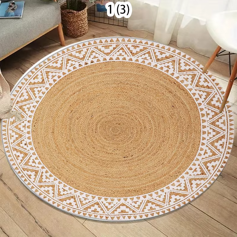 Tapis rond à texture imitation jute naturelle, style bohème, décoration de la maison, tapis antidérapant doux pour le salon