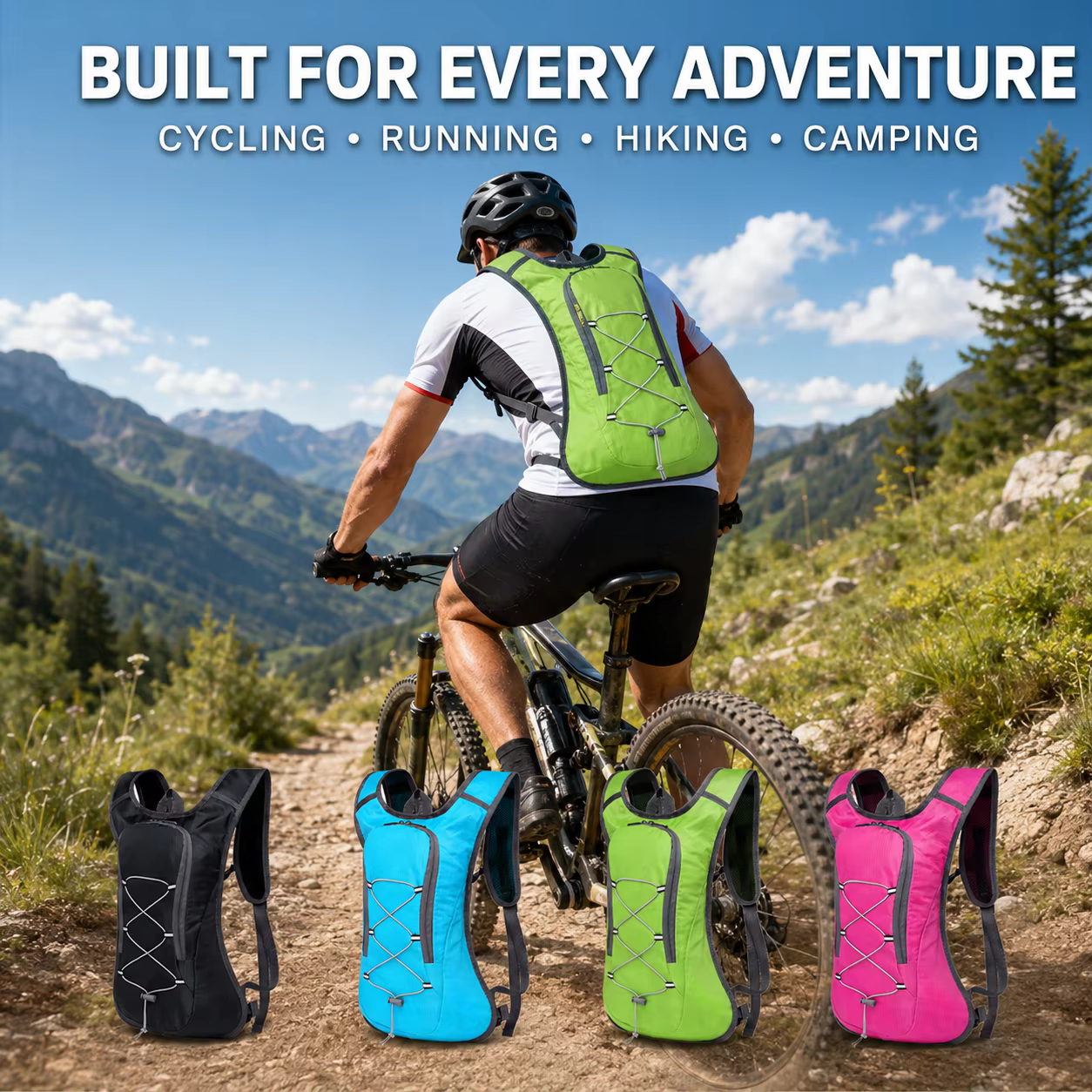 Sac à dos d'hydratation avec poche à eau de 2 L, sac de cyclisme léger en nylon réfléchissant pour la course à pied, la randonnée, le camping, les sports de plein air