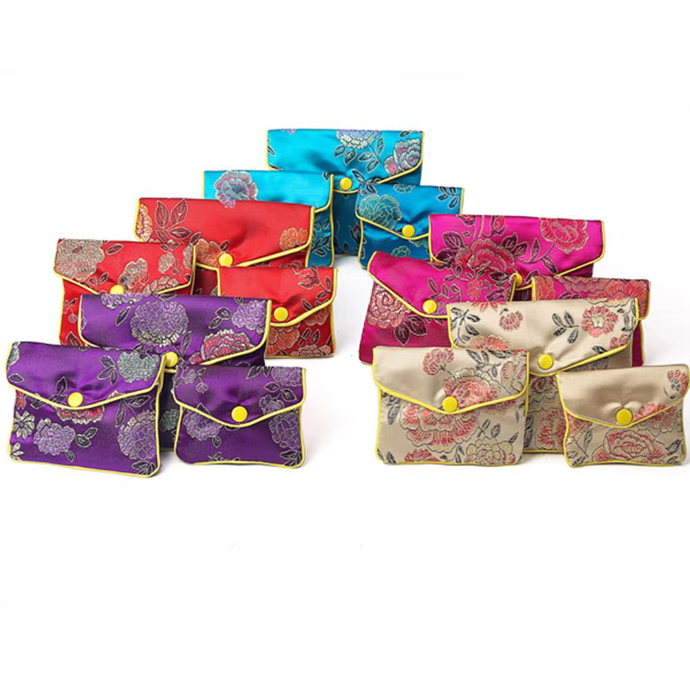 Sac à bijoux en brocart chinois brodé de soie, fait main, avec fermeture à bouton-pression, pour rangement de bijoux, colliers et portefeuilles