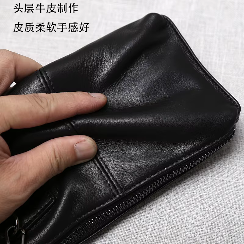 Sac à main en cuir véritable pour hommes, en cuir souple, rétro décontracté, première couche en peau de vache, Long portefeuille avec fermeture éclair de grande capacité, sac pour téléphone