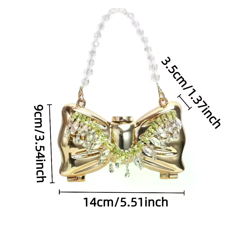 Sac à main mini de luxe en métal avec fermoir nœud, design nœud en acrylique ludique et chaîne scintillante de style européen, sac bandoulière