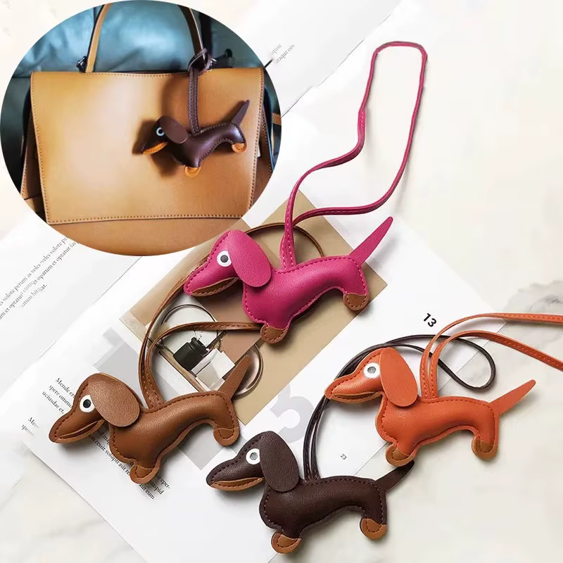 Breloque de sac en cuir de chien saucisse de dessin animé, pendentif pour Goyard Lv Longchamp, sac à main, accessoire d'ornements à faire soi-même