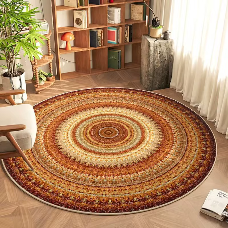 Tapis rond bohème coloré Mandala Design Orange marron Beige tons motif ethnique tapis pour la décoration intérieure