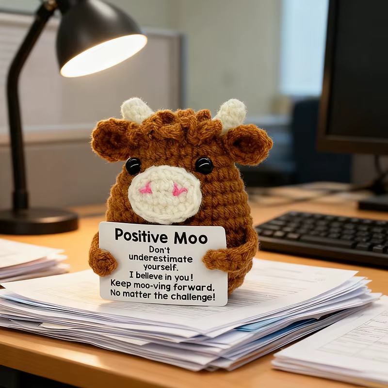 Cadeaux pour Lui, Elle, Petit Ami, Petite Amie : Décorations de Bureau Émotionnelles en Crochet Fait Main, Vache Mignonne Positive, pour Anniversaire et Noël