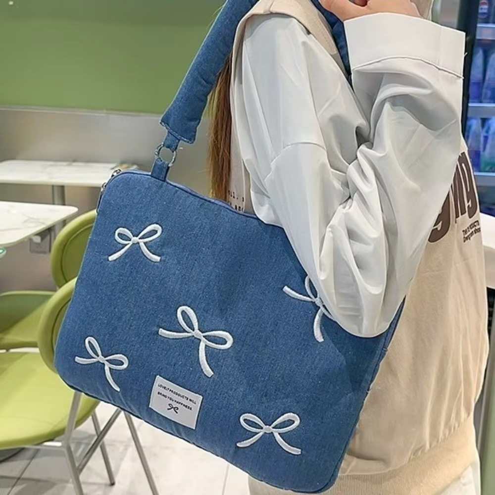 Sac d'ordinateur portable tendance et portable 14 pouces, housse antichoc pour ordinateur portable, sac à main brodé avec nœud, pour les trajets quotidiens
