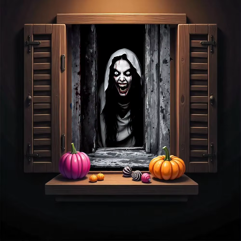 Une seule rideau de Halloween - avec un design terrifiant d'un visage féminin fantomatique, sur le thème de l'horreur et à thème saisonnier.